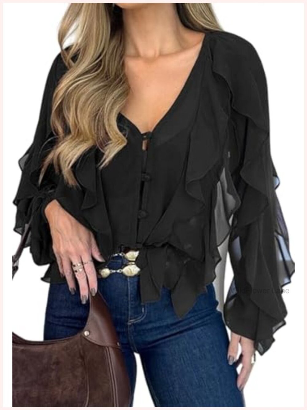 Sheer Chiffon Blouse Ruffle Puff Sleeve V-Neck Top